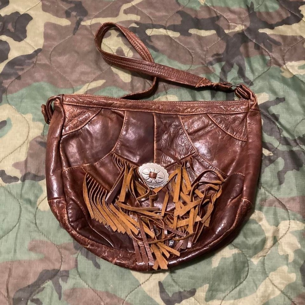 Brown leather western fringe shoulder‎ bag brooch Mexico boho